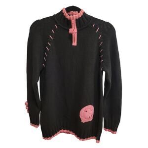 Quacker Factory Pig Quarter-Zip Sweater Black/Pink Cotton Women's M NWT